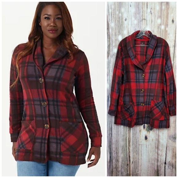 Cuddl Duds Sweaters - Cuddl Duds Red Plaid Fleecewear Stretch Cardigan